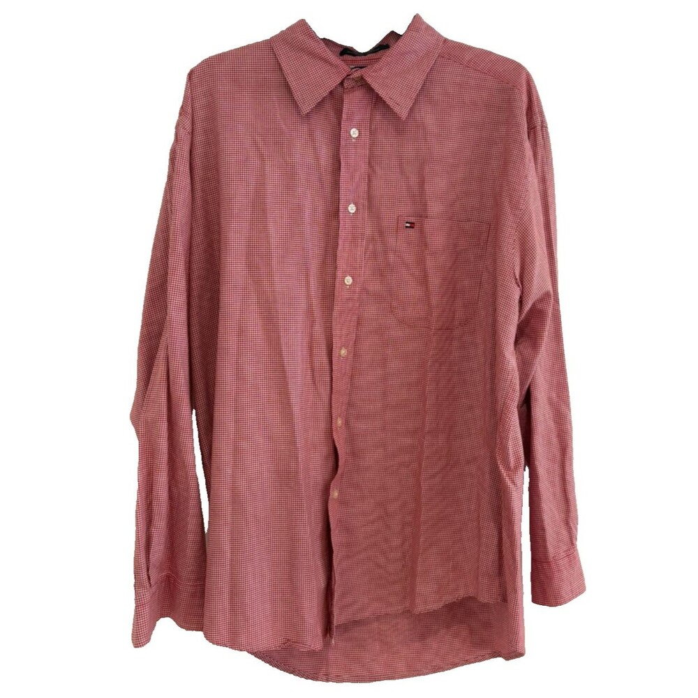 Tommy Hilfiger Men’s Shirt Large Button Down Red Plaid Long Sleeve Collar Logo